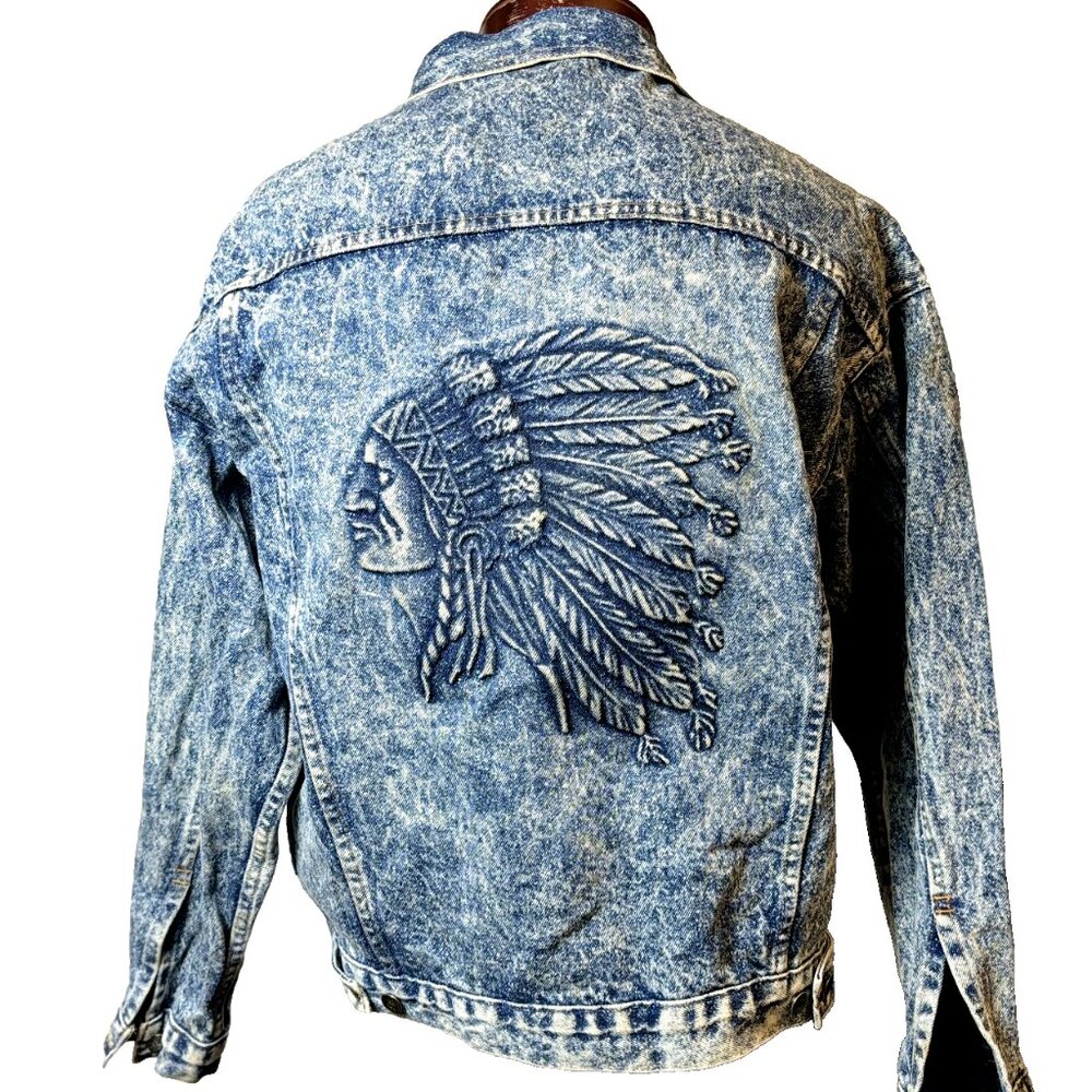 Men's Indian Tribal Back‎ Design Size S VTG Acid Wash Denim Jean Jacket Coat USA